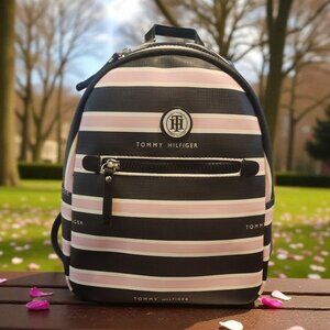 NWT Tommy Hilfiger Striped Small Backpack Purse Black Pink TH Logo